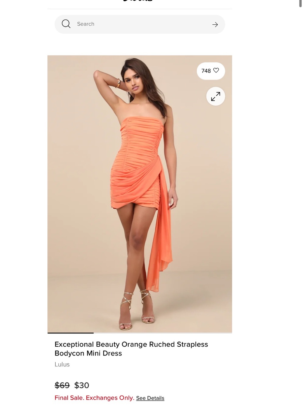 Lulu's Coral-Orange Strapless Ruched Draped Bodycon Mini Dress